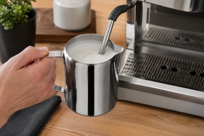 Barista spienia mleko w dzbanku Hendi 451106 750 ml przy ekspresie kolbowym